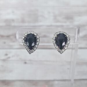Vintage Clip On Earrings Black & Clear Gem Elegant - Tarnish To Rear